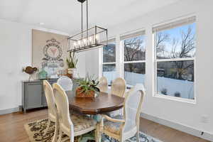 Dining space featuring light wood-style flooring and hanging lights