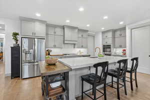 Kitchen with stainless steel appliances, gray cabinets, light wood-style floors, backsplash, and recessed lighting