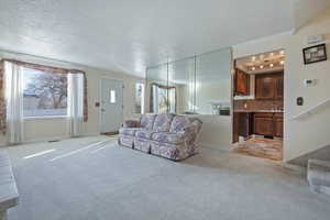 Living room featuring a textured ceiling, light colored carpet, and crown molding