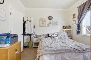 Bedroom with ornamental molding and light carpet