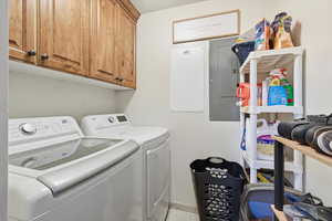 Laundry area featuring electric panel, cabinet space, and washing machine and dryer