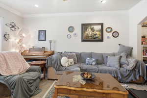 Carpeted living area with crown molding