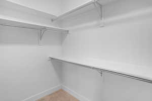 Walk in closet with light colored carpet