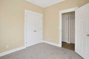 Unfurnished bedroom featuring carpet floors and a closet
