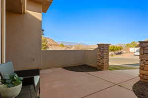 View of patio featuring a mountain view