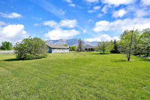 View of grassy yard featuring a mountain view and a rural view