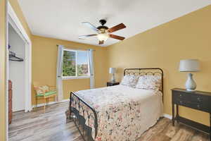 Bedroom featuring a closet, light wood-type flooring, and ceiling fan