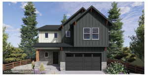 View of front of house featuring board and batten siding, an attached garage, driveway, a porch, and stone siding