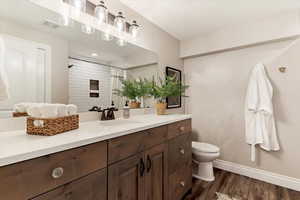 Bathroom with vanity, a shower with curtain, and dark wood finished floors