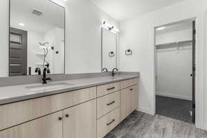 Full bathroom featuring double vanity, a spacious closet, and a shower