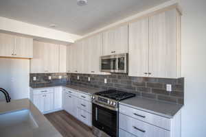 Kitchen with stainless steel appliances, decorative backsplash, dark wood-style floors, modern cabinets, and dark stone countertops