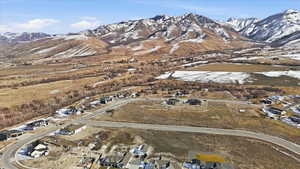 Aerial perspective of suburban area featuring a mountain backdrop