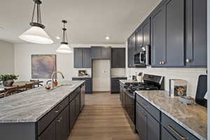 Kitchen featuring stainless steel appliances, hanging light fixtures, light stone counters, light wood finished floors, and an island with sink