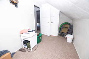 Game room featuring vaulted ceiling and light carpet