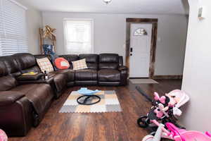 Living room with dark wood-type flooring