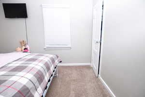 Bedroom with baseboards and light colored carpet