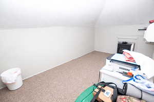 Office featuring carpet flooring and vaulted ceiling