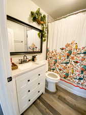 Bathroom with vanity, dark wood-style floors, and shower / bath combo