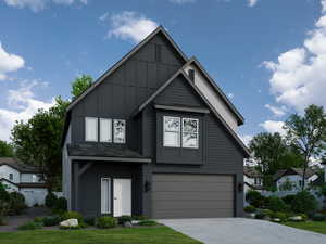 Rendering - Finished exterior will vary. View of front of house featuring a garage, concrete driveway, and board and batten siding