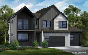 View of front facade with a balcony, a shingled roof, an attached garage, and concrete driveway
