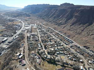Aerial overview of property's location featuring mountains