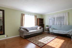 Living room featuring wood-colored LVP floors and crown molding