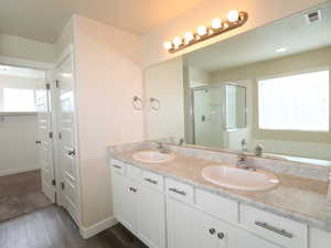 Bathroom with a shower stall, double vanity, and dark wood-type flooring