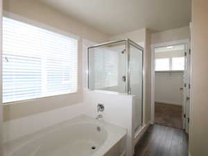 Full bath with a shower stall, a spacious closet, plenty of natural light, and a bath