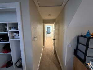 Corridor with a textured wall and carpet flooring