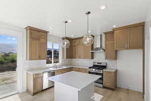 Kitchen with stainless steel appliances, a center island, light stone counters, decorative light fixtures, and tasteful backsplash