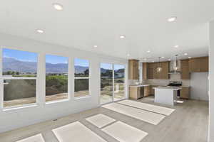 Kitchen featuring a kitchen island, decorative light fixtures, light wood-type flooring, a mountain view, and stainless steel appliances