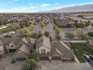 Aerial view of residential area with mountains