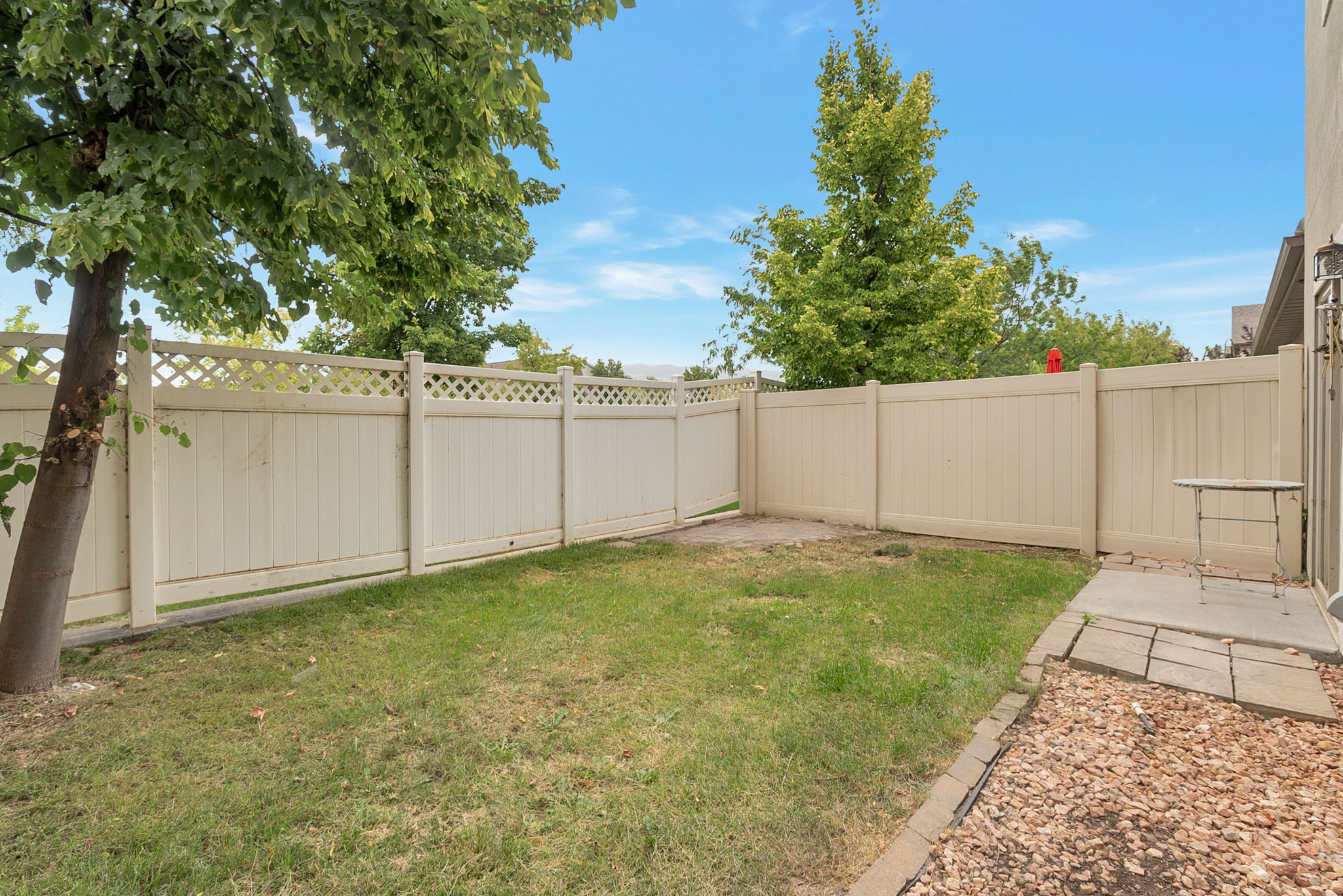 Fenced backyard featuring a patio