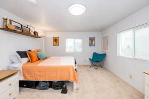 Bedroom with light colored carpet