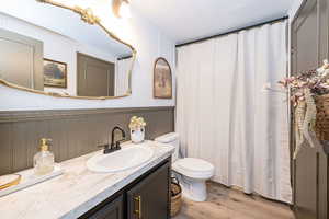 Bathroom with vanity, light wood-style floors, a shower with shower curtain, and wainscoting