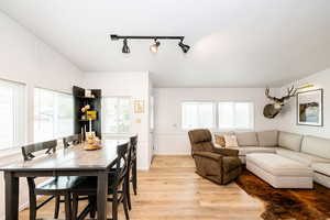 Living room with light wood-style flooring and rail lighting