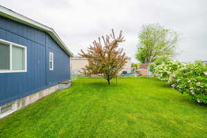 View of yard featuring a storage unit