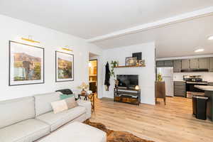 Living room featuring light wood finished floors and recessed lighting