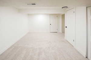 Finished basement featuring light colored carpet and a textured ceiling