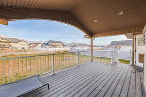 Wooden terrace featuring a fenced backyard and a residential view