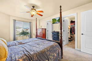 Bedroom with a spacious closet, carpet flooring, and a ceiling fan