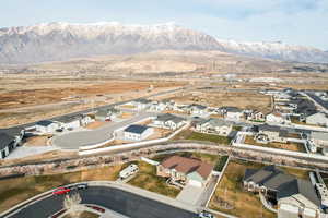 Aerial view of residential area with mountains