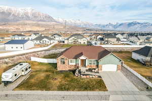 Aerial perspective of suburban area featuring mountains