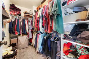 Walk in closet with light colored carpet