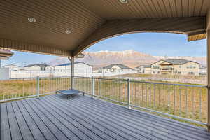 Deck featuring a residential view, a mountain view, and a fenced backyard
