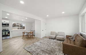 Living room featuring light wood finished floors, radiator, and recessed lighting