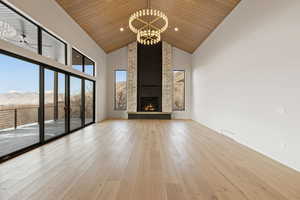 22' vaulted ceilings with stone/plaster fireplace grand chandelier, European white oak flooring and trim in entryways and window sills. With large sliding glass doors onto the covered patio with the grand view.