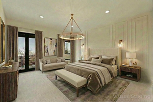 Bedroom featuring access to exterior, light colored carpet, and a decorative wall