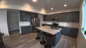 Kitchen featuring stainless steel appliances, light stone countertops, an island with sink, tasteful backsplash, and dark wood-style floors