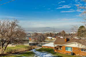 Water view featuring a mountain backdrop and nearby suburban area